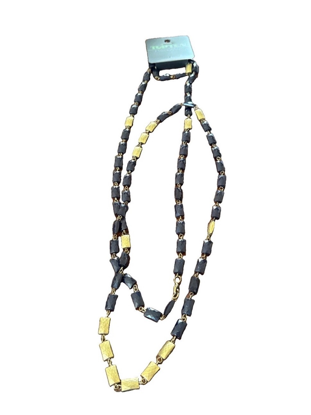 NWT Topten Accessories Smoky Grey Faceted Rectangle Bead Statement Necklace Gold